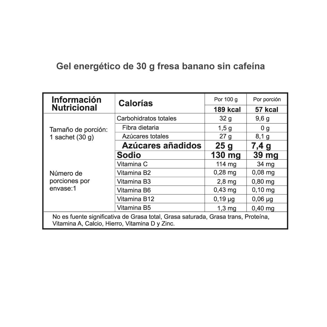 Tabla nutricional gel energético sin cafeína sabor fresa banano - Actimax